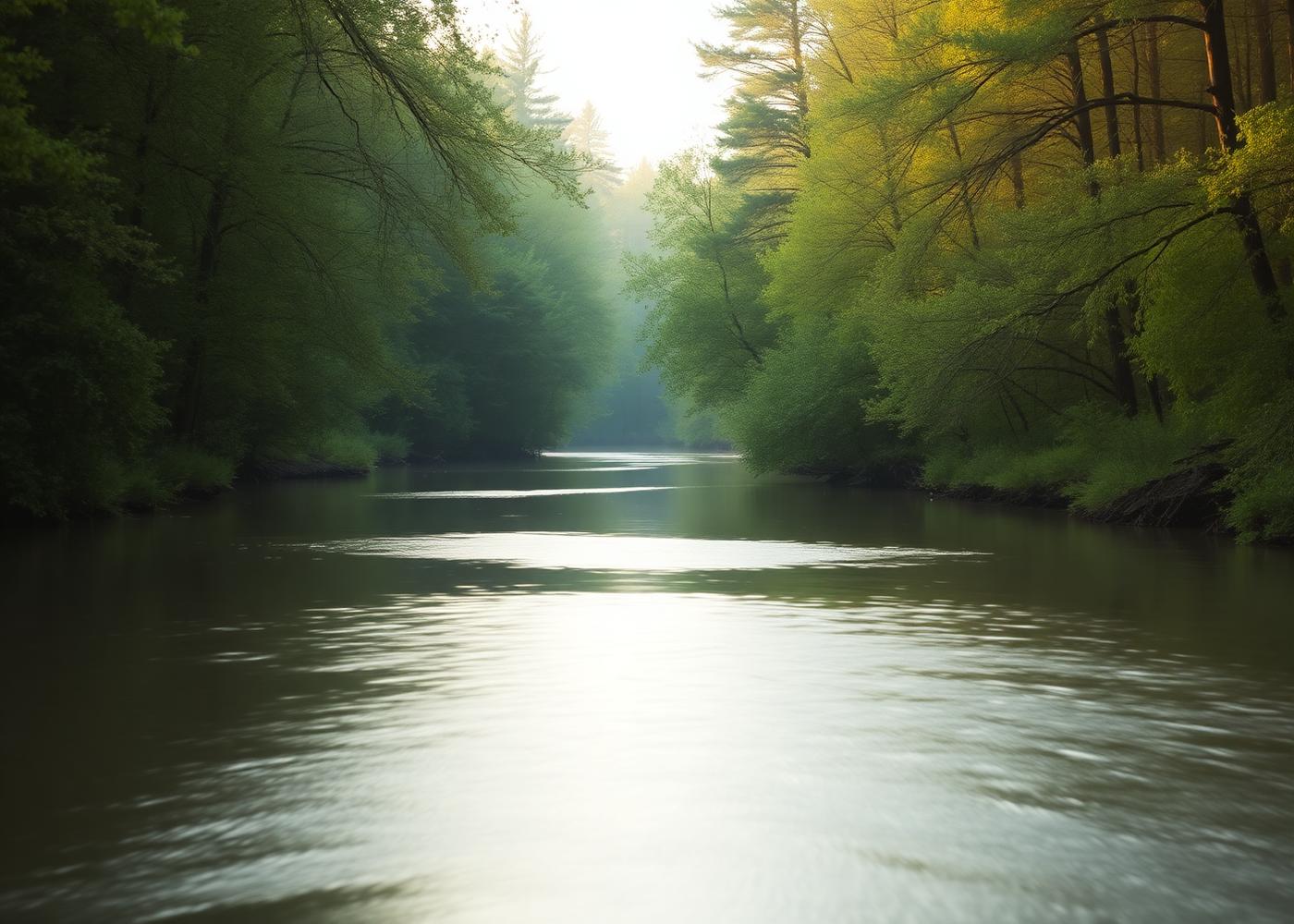A calm river winding through a green forest