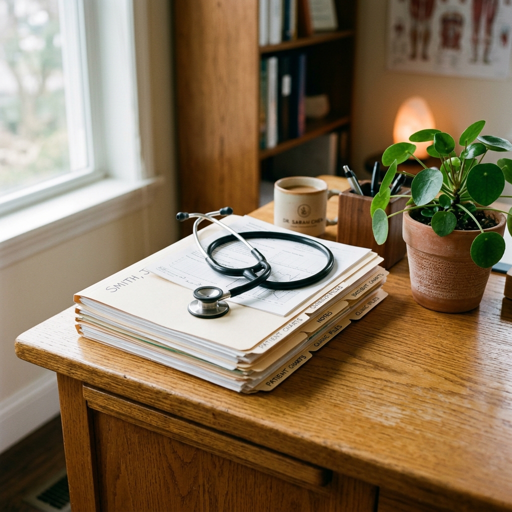 Medical clinic desk with a stethoscope